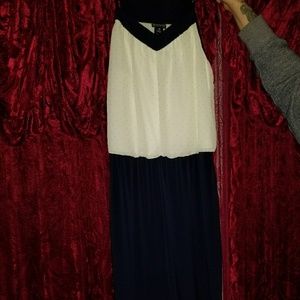 Blue & white jumpsuit with gold studs